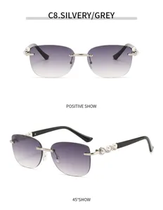 Detailansicht der eleganten rahmenlosen Sonnenbrille mit Farbverlauf und edlen Perlenbügeln.