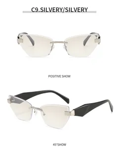 Bequeme randlose Sonnenbrille mit unregelmäßigen Gläsern und auffälligen geometrischen Bügeln.