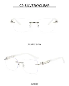 Elegante Damen rahmenlose Sonnenbrille mit klaren Gläsern und Perlenbügel Luxus Brille