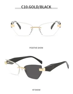 Stilvolle rahmenlose Katzenaugen-Sonnenbrille für Damen, trendige geometrische Brille.