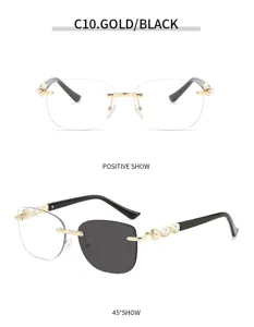 Detailansicht randlose Sonnenbrille, goldener Metallrahmen und elegante dekorative Perlenbügel.