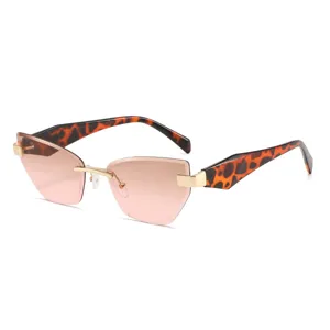 Schicke Damen Sonnenbrille ohne Rahmen mit rosa Gläsern und Leopardenmuster Bügeln.