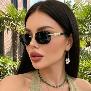 Damen Randlose Sonnenbrille Perlenbügel Eleganter Metallrahmen UV400 Sonnenschutz Brille Für Outdoor Mode Party Reisen