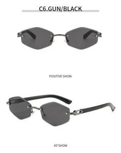 Modische polygonale rahmenlose Sonnenbrille für Damen und Herren mit schwarzen Gläsern.