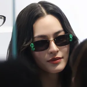 Rimless Metal Frame Sunglasses For Women Trendy Small Rectangular Sun Glasses With Leaf Decoration UV400 Protection Eyewear