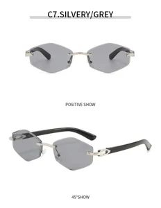 Detailansicht der luxuriösen rahmenlosen Polygon-Sonnenbrille mit silbernem Metallrahmen.
