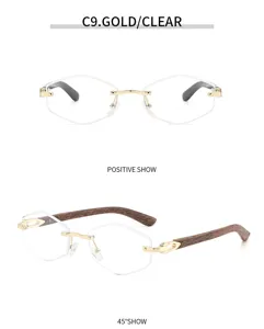 Bügellose Brille mit goldenem Metallrahmen und Holzmaserung-Bügeln, elegantes Retrodesign.