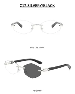 Vintage rahmenlose polygonale Sonnenbrille mit Metall-Details und schwarzen Bügeln für Streetwear.