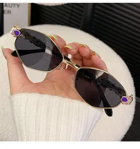 Luxury metallic hexagonal sunglasses with exquisite rhinestones, trendy fashion eyewear.