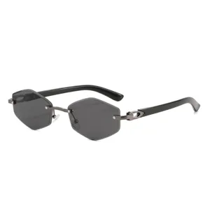 Modische rahmenlose hexagonale Sonnenbrille für Damen und Herren, schwarze Metallgläser.