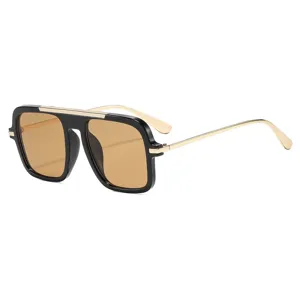 Schicke quadratische Sonnenbrille fuer Damen und Herren, schwarzer Goldrahmen, braune Glaeser.