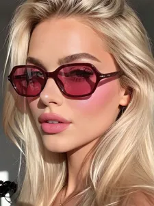 Detailansicht der weinroten quadratischen Sonnenbrille mit pinken Gläsern für Damen.
