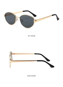 Vista de detalle de gafas de sol ovaladas de metal retro, montura elegante y lentes oscuras.