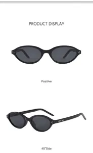Black oval small frame cat eye sunglasses for women and men, stylish UV protection eyewear.