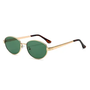 Gafas de sol ovaladas de metal vintage para mujer con lentes verdes y diseño elegante.