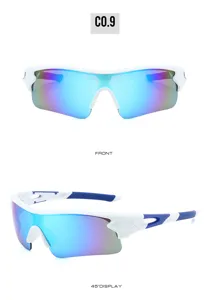 Detailansicht der weißen Sport-Fahrradsonnenbrille mit blauen Reflektorlinsen und Halbrahmen.