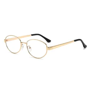 Montura de gafas ovalada de metal dorado con puntas de patillas negras estilo vintage