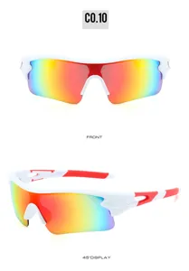 Detailansicht der weißen Sportsonnenbrille mit bunten reflektierenden Gläsern fürs Radfahren.