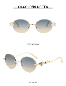 Retro ovale Sonnenbrille mit Farbverlauf für Damen und Herren, Luxus Gold Metallrahmen mit Schmuck.