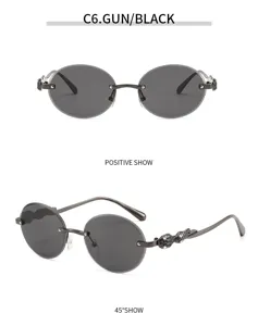 Vintage Metall rahmenlose ovale Sonnenbrille fuer Damen und Herren, Luxus Stil Brille.
