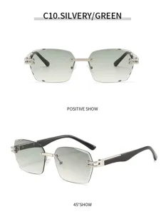 Detailansicht stilvoller rahmenloser Sonnenbrille mit Farbverlauf in Grün und Metallrahmen.