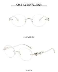 Vintage rahmenlose ovale Metall Sonnenbrille mit Luxus Kristall Tier Bügeln für Damen.