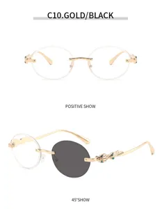 Vintage Metallrahmen ovale Sonnenbrille Luxus Mode Brille mit grünem Kristall Dekor.