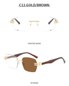 Elegante rahmenlose quadratische Sonnenbrille mit Metallrahmen und edlen Holzmaserung Bügeln.