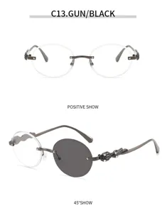 Vintage ovale rahmenlose Metallsonnenbrille für Damen und Herren modische Sommer Brille Strass.