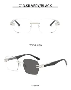 Bügellose quadratische Sonnenbrille für Damen und Herren, Metallgestell mit schwarzen Bügeln.