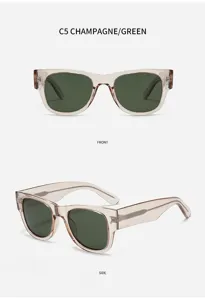 Transparent champagne square sunglasses with green lenses for women. Retro streetwear style.