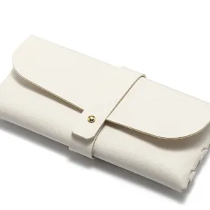 White PU leather glasses case with metal snap closure, portable sunglasses storage box.