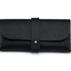 Black PU leather glasses case with metal snap button for portable sunglasses storage.