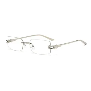 Gafas de metal sin montura para mujer, montura óptica ligera con diseño de patillas plateadas.