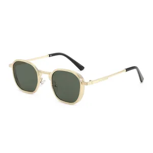 Vintage small square sunglasses for women and men, classic gold metal frame with dark green lenses.