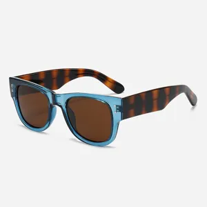 Retro thick frame sunglasses with blue translucent front and tortoiseshell temples.