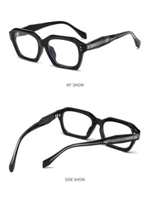 Gros plan détail de la monture de lunettes noire géométrique avec noyau de branche en métal.