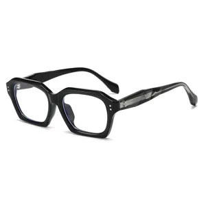 Retro monture de lunettes noire epaisse avec branches metal, geometrique anti-lumiere.
