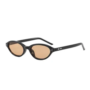 Retro oval cat-eye sunglasses for women and men, chic black frame with brown UV lenses.