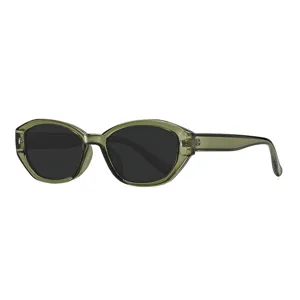 Retro Ovale Katzenauge Sonnenbrille mit gruenen Gestellen und schwarzen Linsen fuer Damen.
