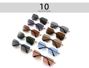 Lunettes de soleil sans monture carrées pour femmes, verres dégradés tendance avec détails.