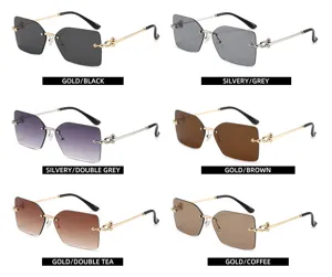 Vue détaillée de lunettes de soleil carrées et montures sans bords aux couleurs élégantes.