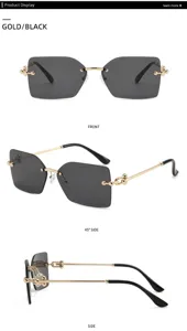 Lunettes de soleil sans monture de luxe pour femmes, verres carrés tendance dorés.