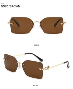 Vue détaillée de lunettes de soleil carrées sans monture avec verres bruns et ornements.