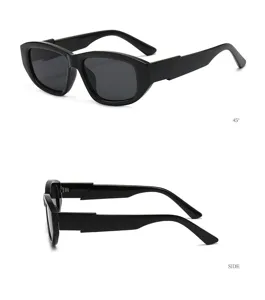 Detailed view of black thick frame rectangular cat eye sunglasses showing 45 degree angle and side.