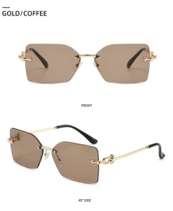 Lunettes de soleil carré sans monture de luxe cadre en métal doré verres marron femme.