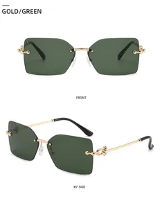 Lunettes de soleil carrées sans monture de luxe pour femmes aux verres verts dorés.