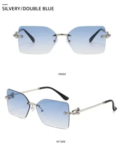 Lunettes de soleil sans monture carrées tendance européenne, verres dégradés bleus argentés.