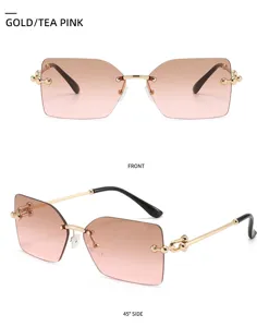 Lunettes de soleil carrées et monture sans bord avec verres dégradés et détails dorés.