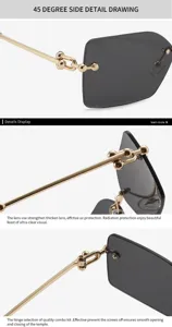 Lunettes de soleil sans monture carrées tendance avec branches dorées et verres foncés.
